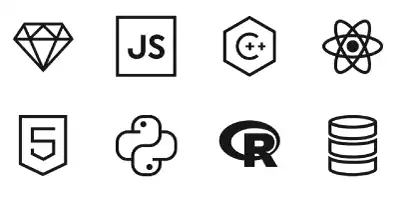Mai multe logo-uri pentru diverse limbaje de programare. Html5, React, C++, Python, Sql si altele